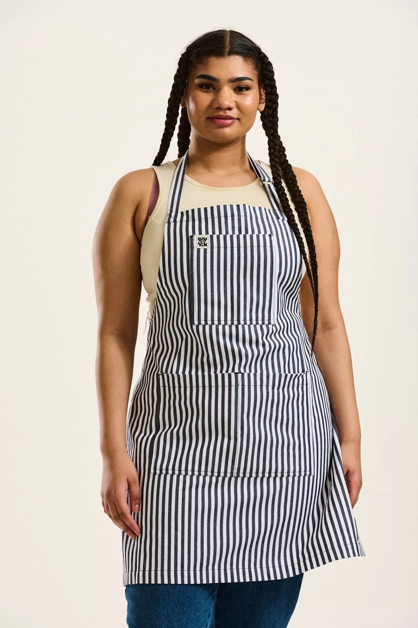Ada Apron: Deadstock Fabric - Black & White Stripe-Lucy & Yak Outlet