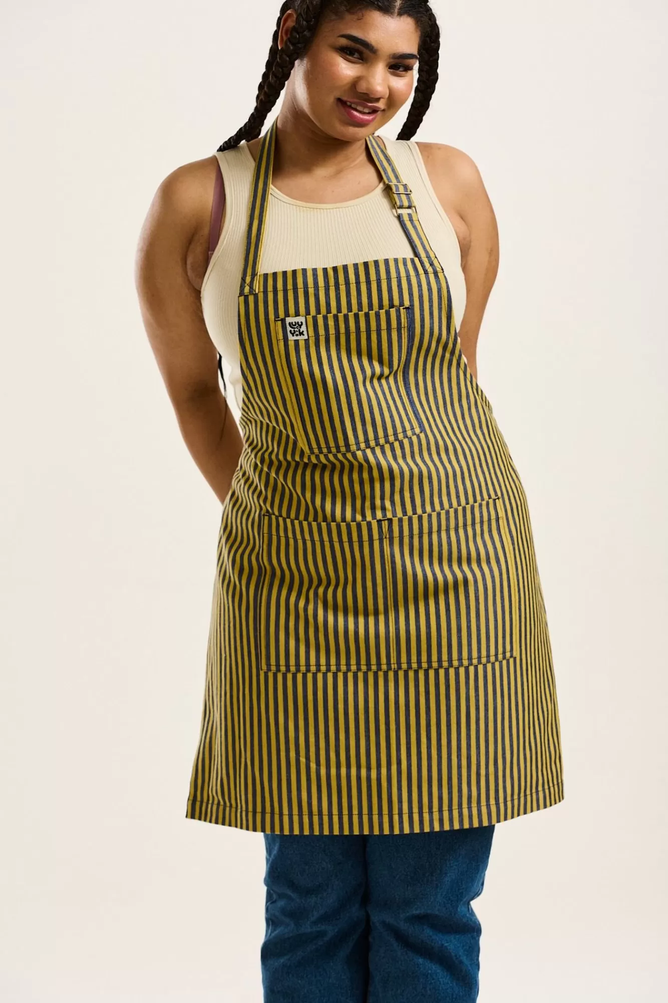 Ada Apron: Deadstock Fabric - Blue & Yellow Stripe-Lucy & Yak Outlet