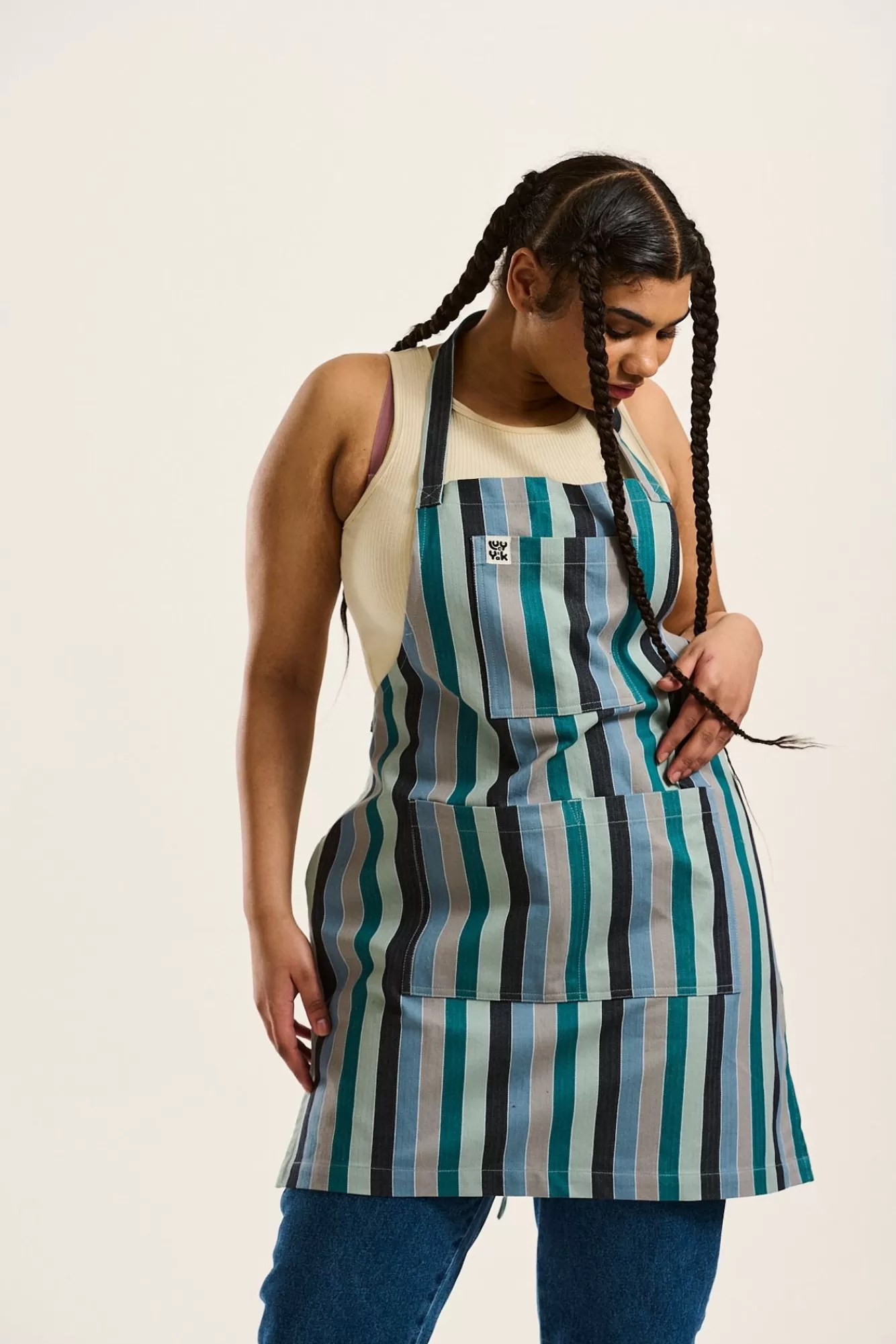 Ada Apron: Deadstock Fabric - Blue Stripe-Lucy & Yak Shop