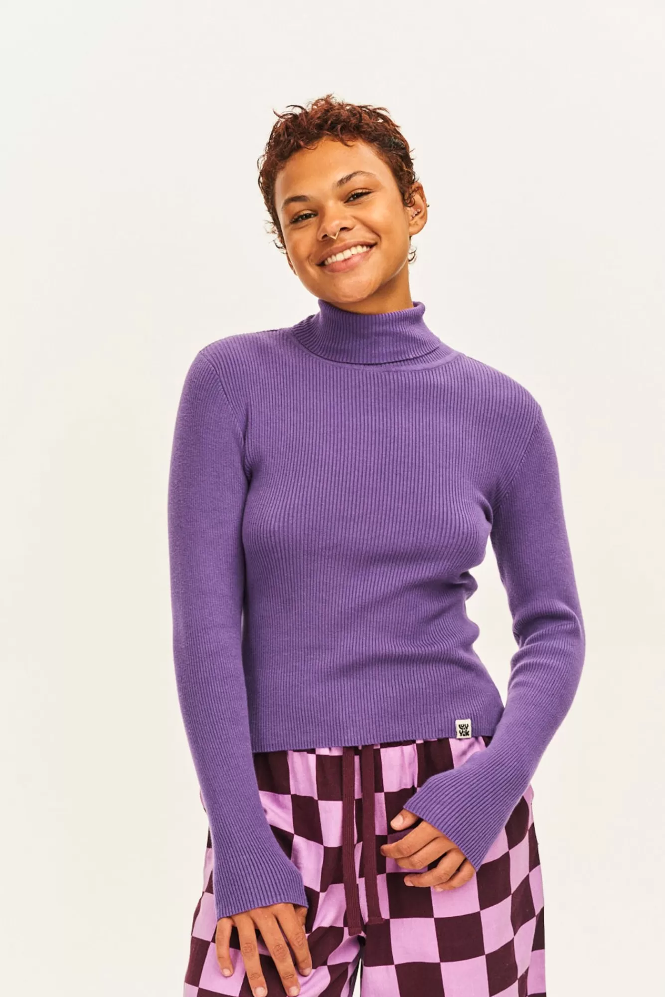 Aiden Roll Neck Top: Organic Cotton Knit - Purple Rose-Lucy & Yak Online